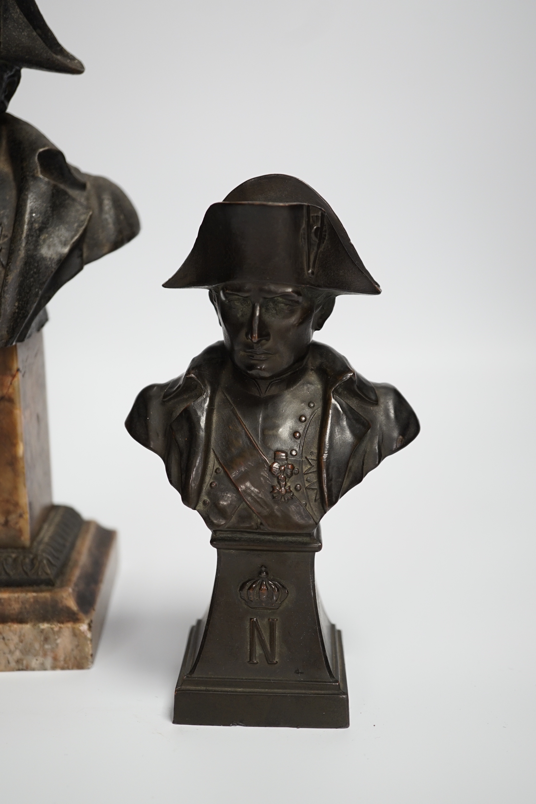 Two spelter busts of Napoleon, tallest 24cm high